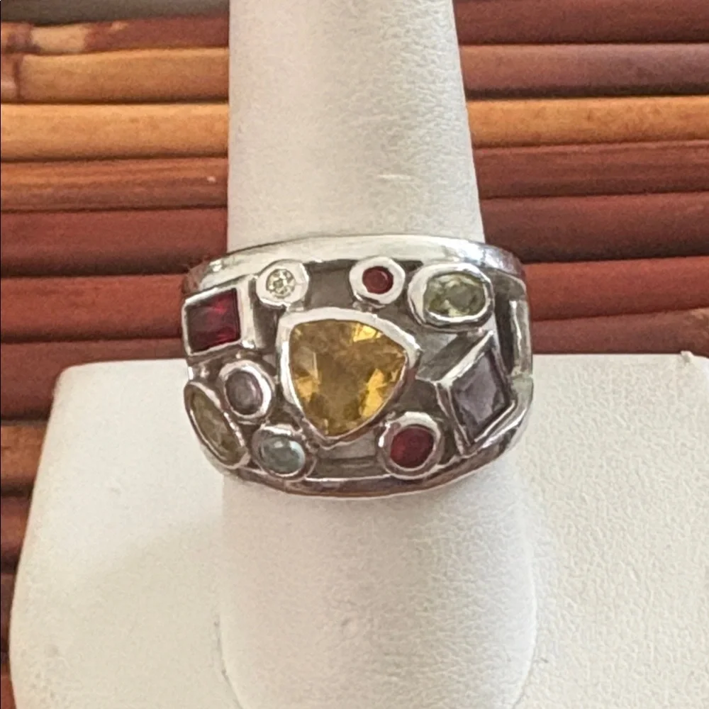 Lia Sophia Silver Multi-Stone Ring Yellow Center and Red & Green Accents Size 9